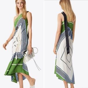 Tory Burch Green, White and Blue Scarf-Print Asymmetrical Maxi Dress